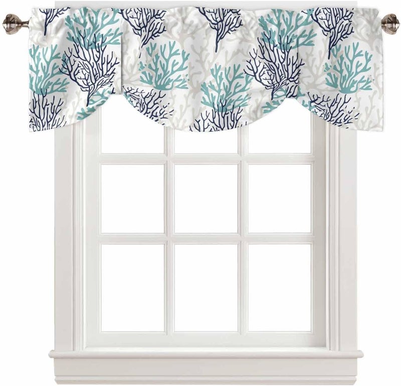RisQiten Teal Blue Grey Coral Coastal Tie Up Valance Curtains for Windows, Summer Beach Kitchen Curtains Window Treatments, Sea Nautical Short Window Shades Valances for Bedroom Bathroom Cafe 54"x18" - Image 1